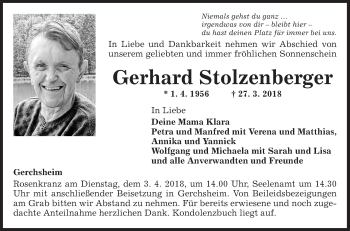 Traueranzeige von Gerhard Stolzenberger von Fränkische Nachrichten