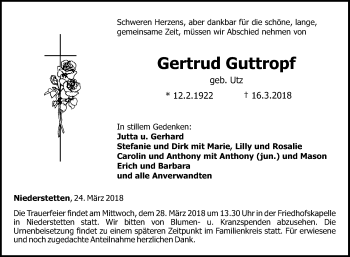 Traueranzeige von Gertrud Guttropf von Fränkische Nachrichten