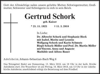 Traueranzeige von Gertrud Schork von Fränkische Nachrichten