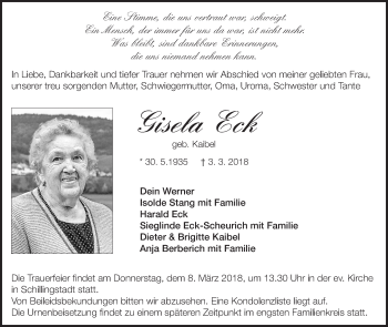 Traueranzeige von Gisela Eck von Fränkische Nachrichten