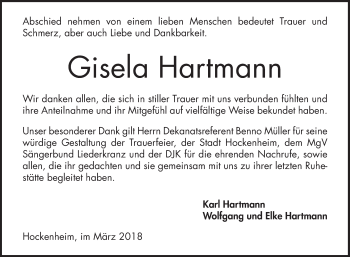 Traueranzeige von Gisela Hartmann von Schwetzinger Zeitung