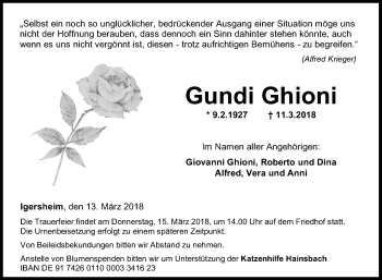 Traueranzeige von Gundi Ghioni von Fränkische Nachrichten