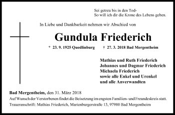Traueranzeige von Gundula Friederich von Fränkische Nachrichten