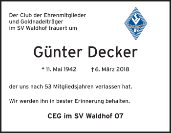 Traueranzeige von Günter Decker von Mannheimer Morgen