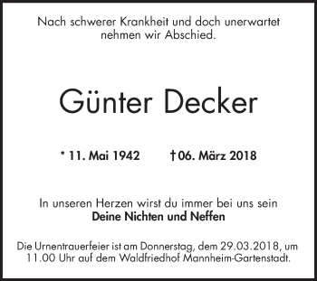 Traueranzeige von Günter Decker von Mannheimer Morgen