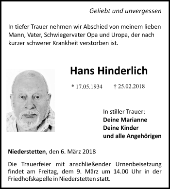 Traueranzeige von Hans Hinderlich von Fränkische Nachrichten