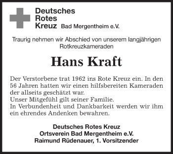 Traueranzeige von Hans Kraft von Fränkische Nachrichten