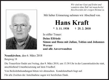 Traueranzeige von Hans Kraft von Fränkische Nachrichten