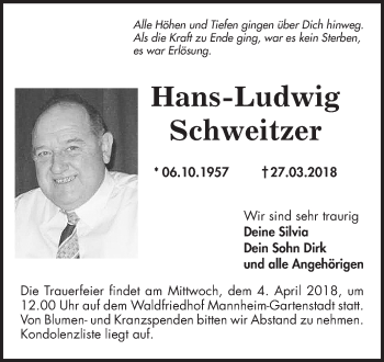 Traueranzeige von Hans-Ludwig Schweitzer von Mannheimer Morgen