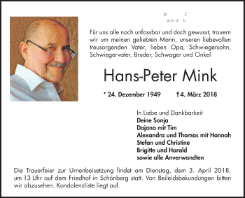 Traueranzeige von Hans-Peter Mink von Bergsträßer Anzeiger