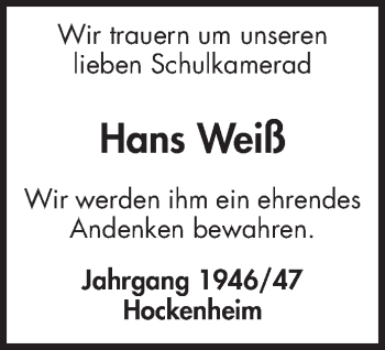 Traueranzeige von Hans Weiß von Schwetzinger Zeitung