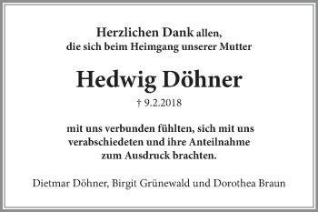 Traueranzeige von Hedwig Döhner von Fränkische Nachrichten