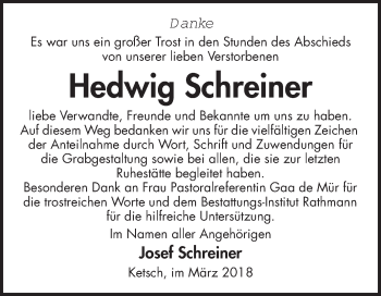 Traueranzeige von Hedwig Schreiner von Schwetzinger Zeitung