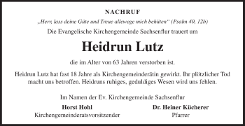 Traueranzeige von Heidrun Lutz von Fränkische Nachrichten