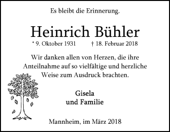 Traueranzeige von Heinrich Bühler von Mannheimer Morgen