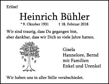 Traueranzeige von Heinrich Bühler von Mannheimer Morgen