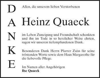 Traueranzeige von Heinz Quaeck von Schwetzinger Zeitung