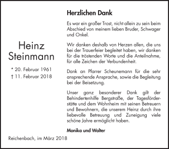 Traueranzeige von Heinz Steinmann von Bergsträßer Anzeiger