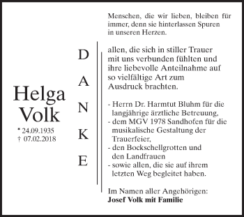 Traueranzeige von Helga Volk von Mannheimer Morgen