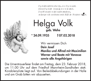 Traueranzeige von Helga Volk von Mannheimer Morgen