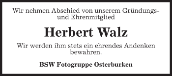 Traueranzeige von Herbert Walz von Fränkische Nachrichten