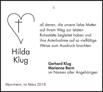 Traueranzeige von Hilda Klug von Mannheimer Morgen