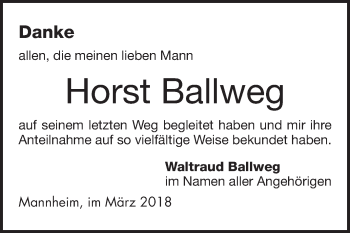 Traueranzeige von Horst Ballweg von Mannheimer Morgen