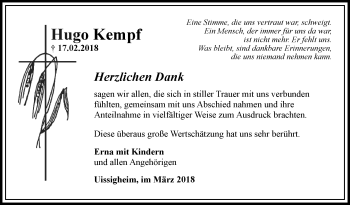 Traueranzeige von Hugo Kempf von Fränkische Nachrichten