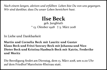 Traueranzeige von Ilse Beck von Mannheimer Morgen