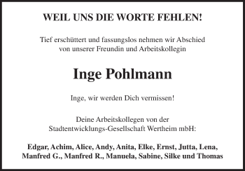 Traueranzeige von Inge Pohlmann von Fränkische Nachrichten