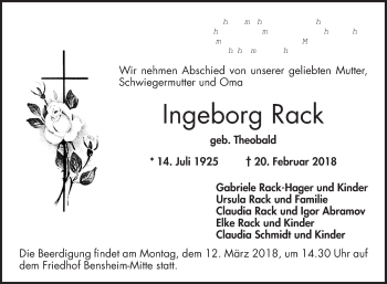 Traueranzeige von Ingeborg Rack von Bergsträßer Anzeiger
