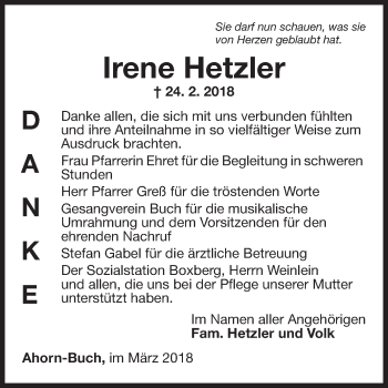 Traueranzeige von Irene Hetzler von Fränkische Nachrichten