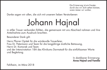 Traueranzeige von Johann Hajnal von Bergsträßer Anzeiger