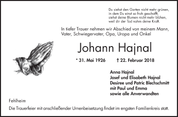 Traueranzeige von Johann Hajnal von Bergsträßer Anzeiger