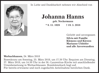 Traueranzeige von Johanna Hanns von Fränkische Nachrichten