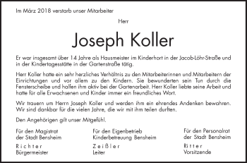 Traueranzeige von Joseph Koller von Bergsträßer Anzeiger