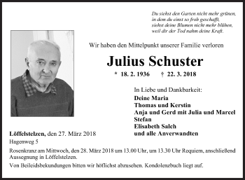 Traueranzeige von Julius Schuster von Fränkische Nachrichten