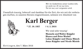 Traueranzeige von Karl Berger von Fränkische Nachrichten