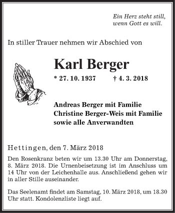 Traueranzeige von Karl Berger von Fränkische Nachrichten