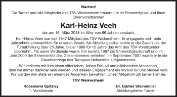 Traueranzeige von Karl-Heinz Veeh von Fränkische Nachrichten