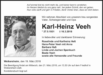 Traueranzeige von Karl-Heinz Veeh von Fränkische Nachrichten