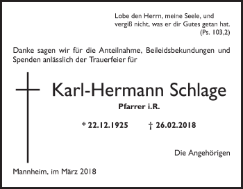 Traueranzeige von Karl-Hermann Schlage von Mannheimer Morgen
