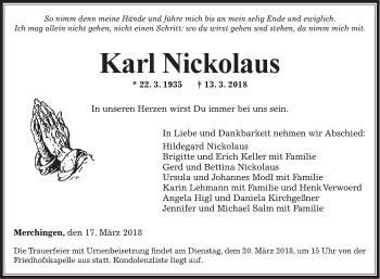 Traueranzeige von Karl Nickolaus von Fränkische Nachrichten