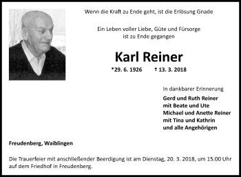 Traueranzeige von Karl Reiner von Fränkische Nachrichten