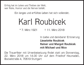 Traueranzeige von Karl Roubicek von Mannheimer Morgen