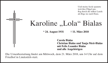 Traueranzeige von Karoline Bialas von Bergsträßer Anzeiger