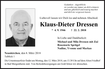 Traueranzeige von Klaus-Dieter Dressen von Fränkische Nachrichten