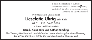 Traueranzeige von Lieselotte Uhrig von Mannheimer Morgen