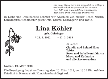 Traueranzeige von Lina Köhler von Fränkische Nachrichten