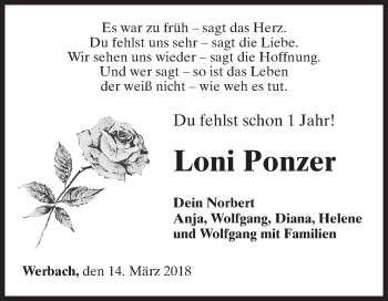 Traueranzeige von Loni Ponzer von Fränkische Nachrichten